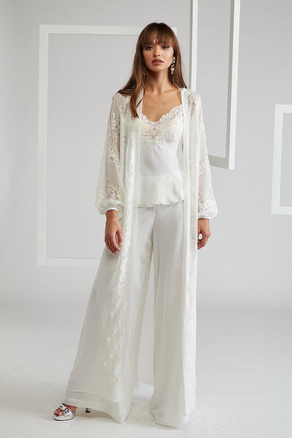 Silk Chiffon Pyjama Set with Long Robe - Off White - Bocan
