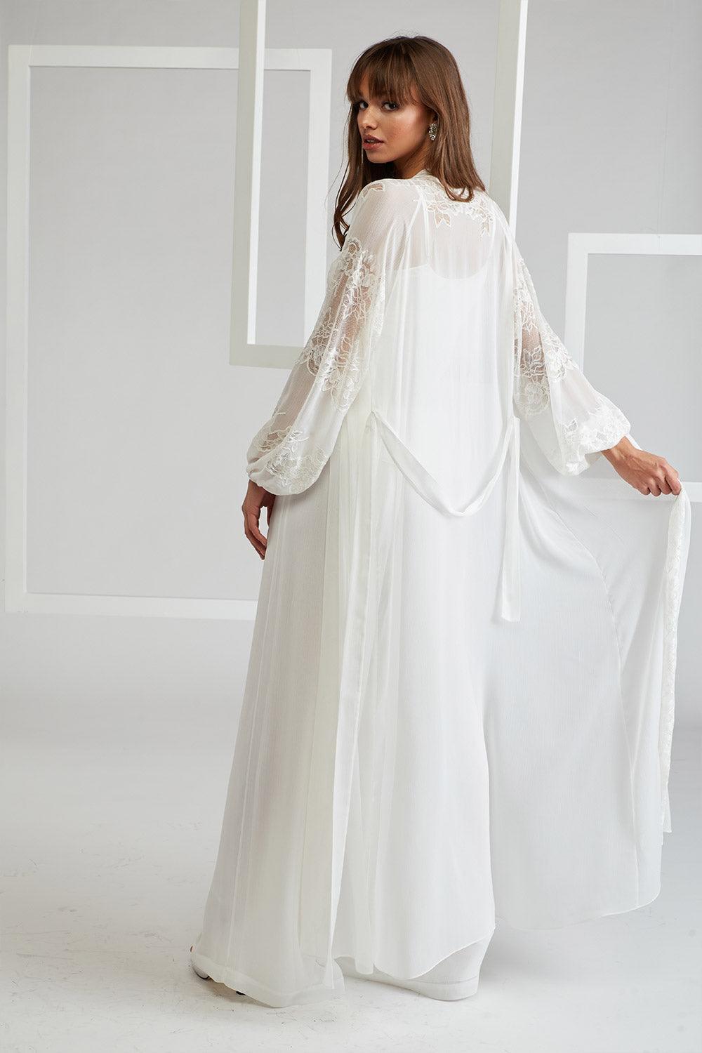 Silk Chiffon Pyjama Set with Long Robe - Off White - Bocan