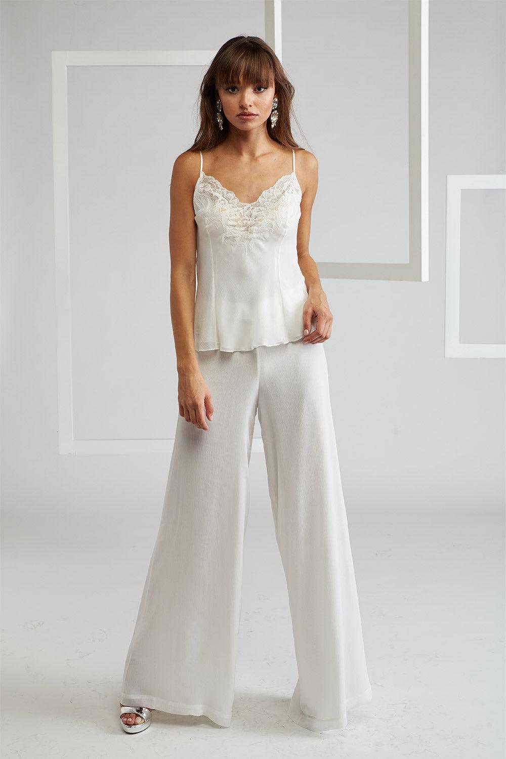 Silk Chiffon Pyjama Set with Long Robe - Off White - Bocan