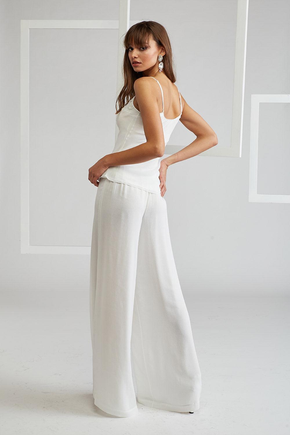 Silk Chiffon Pyjama Set with Long Robe - Off White - Bocan