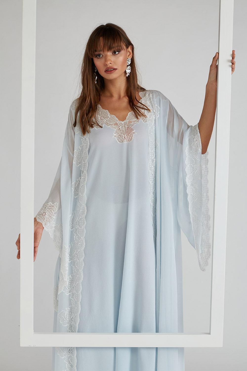 Silk Chiffon Robe Set Baby Blue - Lucia (Silver) - Bocan