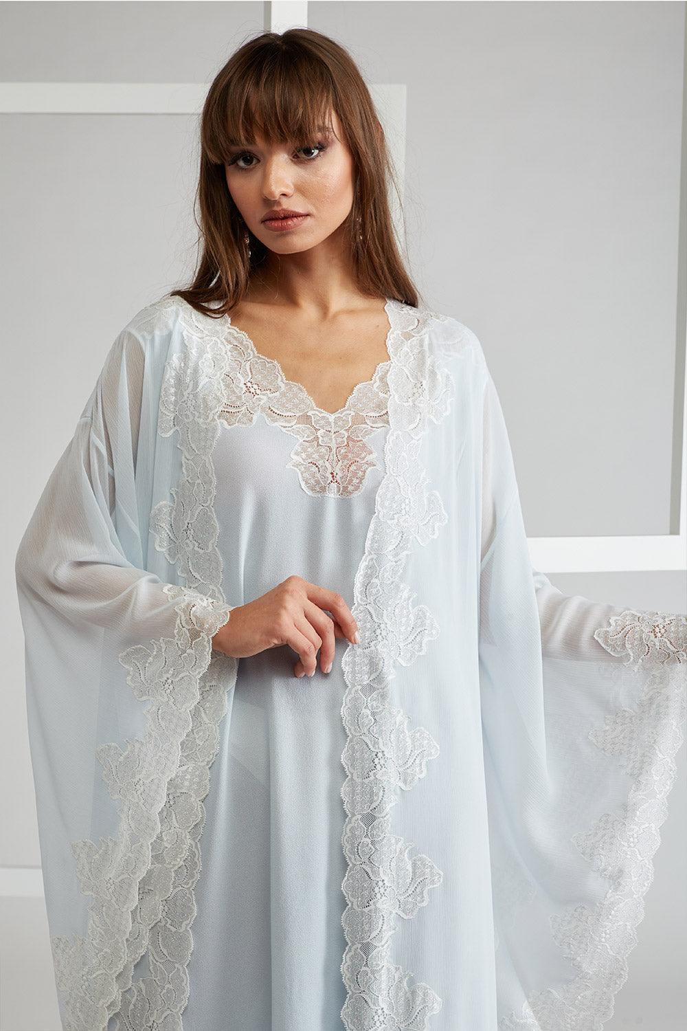 Silk Chiffon Robe Set Baby Blue - Lucia (Silver) – Bocan Couture