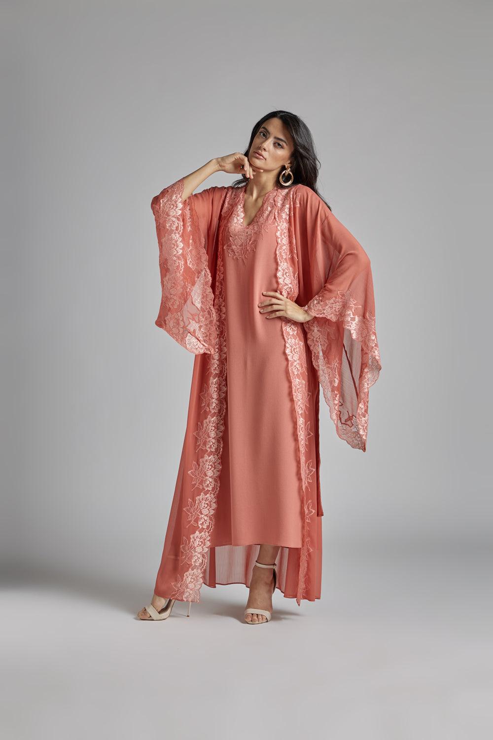 Silk Chiffon Robe Set Coral to Coral - Bocan