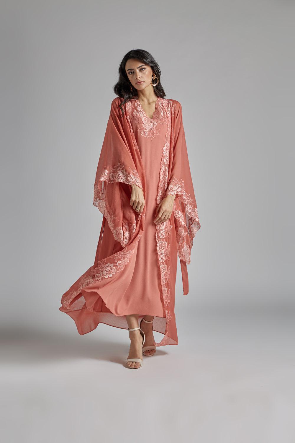 Silk Chiffon Robe Set Coral to Coral - Bocan