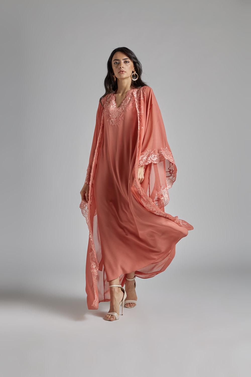 Silk Chiffon Robe Set Coral to Coral - Bocan