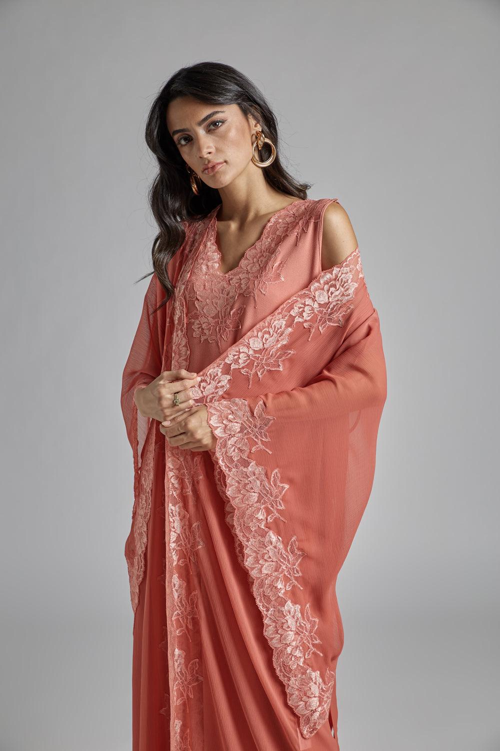 Silk Chiffon Robe Set Coral to Coral - Bocan