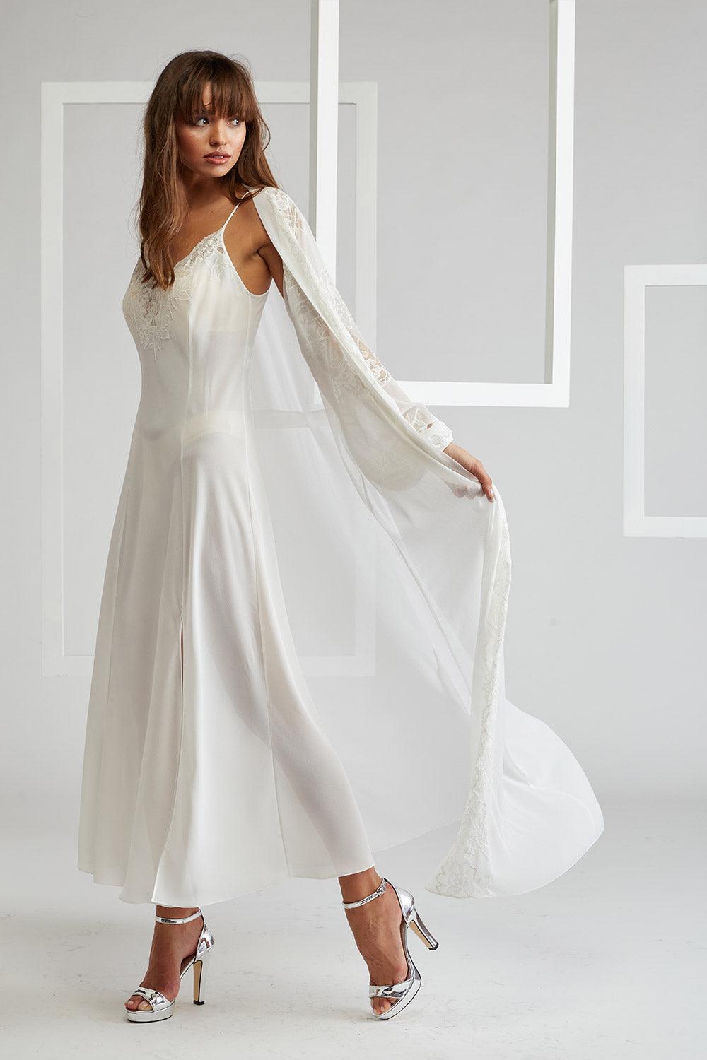 Silk Chiffon Robe Set Off White Ecru - Emma - Bocan