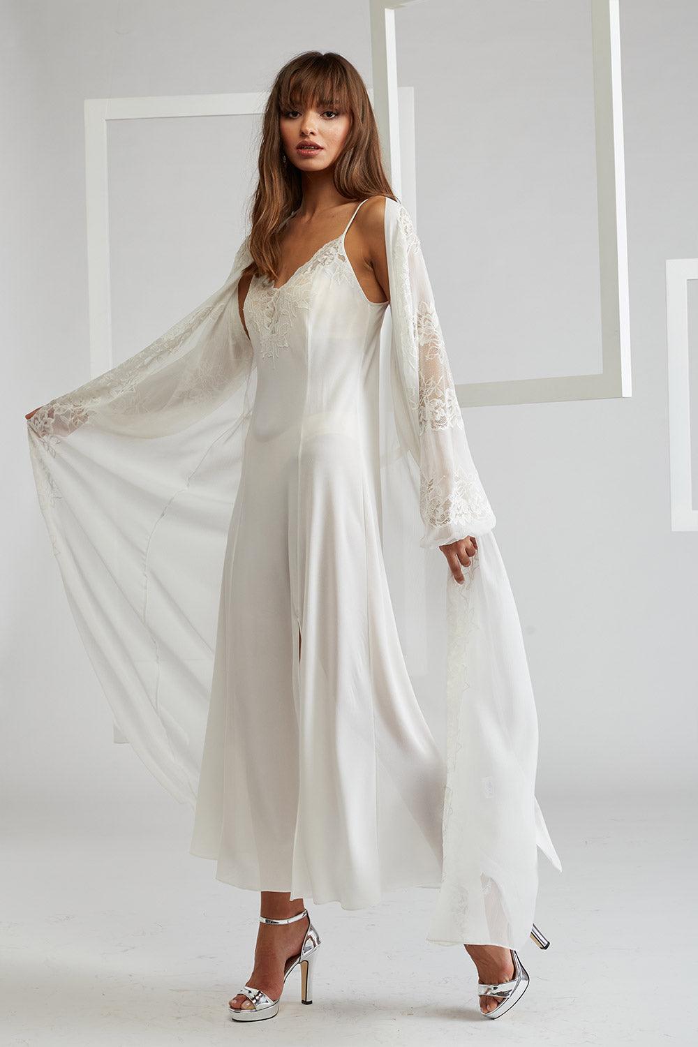 Silk Chiffon Robe Set Off White Ecru - Emma - Bocan