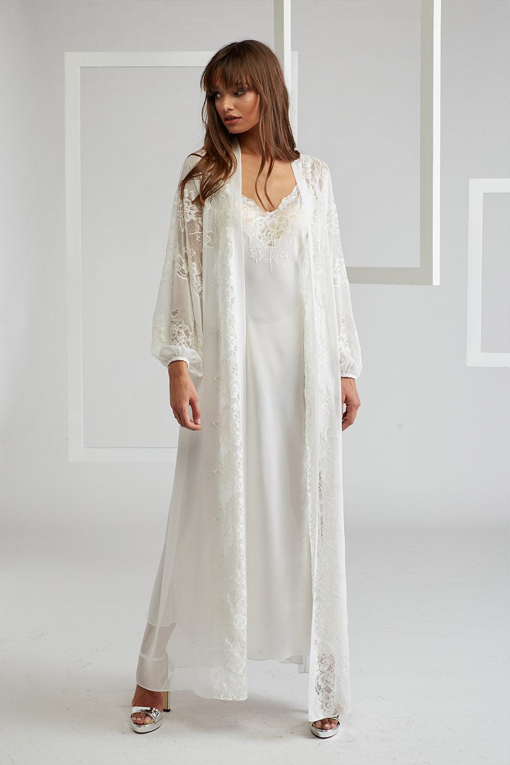 Silk Chiffon Robe Set Off White Ecru - Emma - Bocan