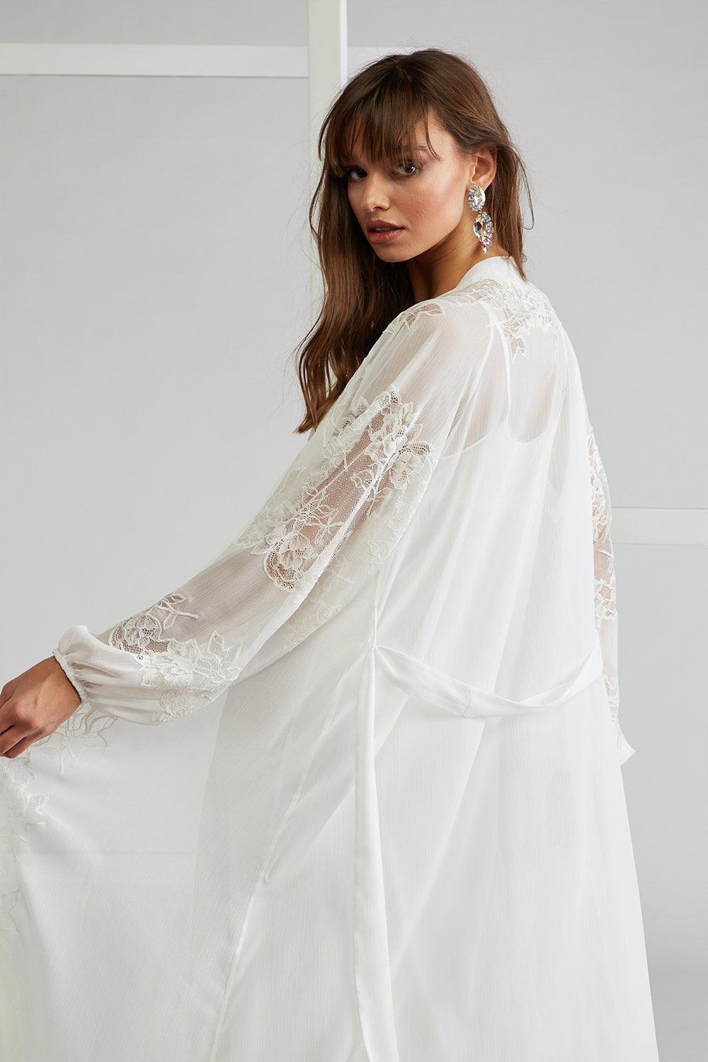 Silk Chiffon Robe Set Off White Ecru - Emma - Bocan
