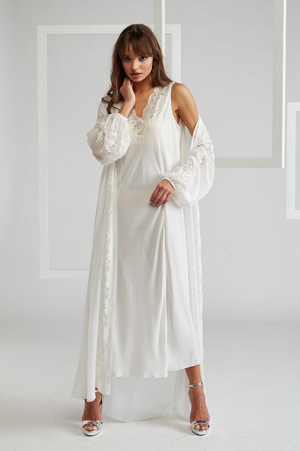 Emma in Romance Silky Robe Set Off White, XS-S