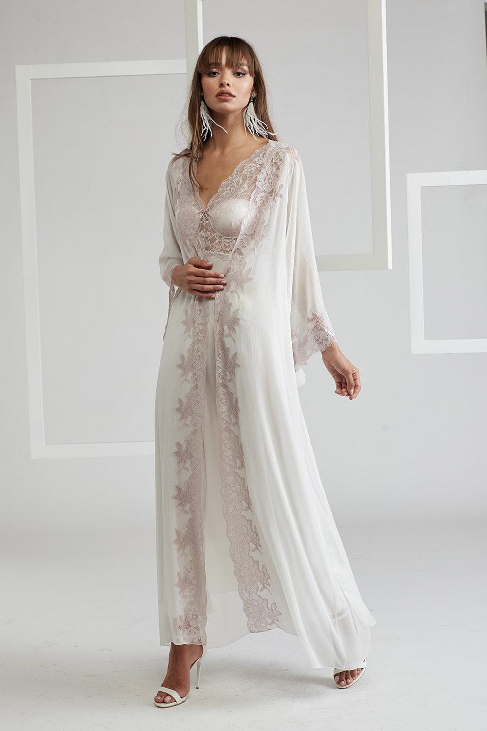Silk Chiffon Robe Set Off White Light Pink - Mia - Bocan