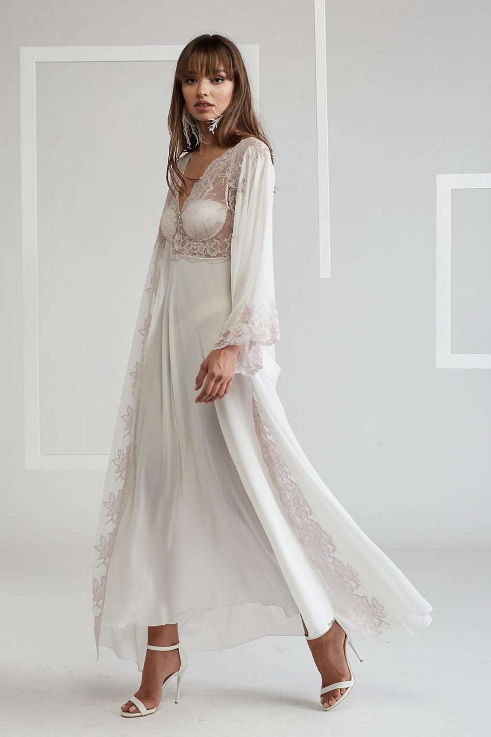 Silk Chiffon Robe Set Off White Light Pink - Mia - Bocan