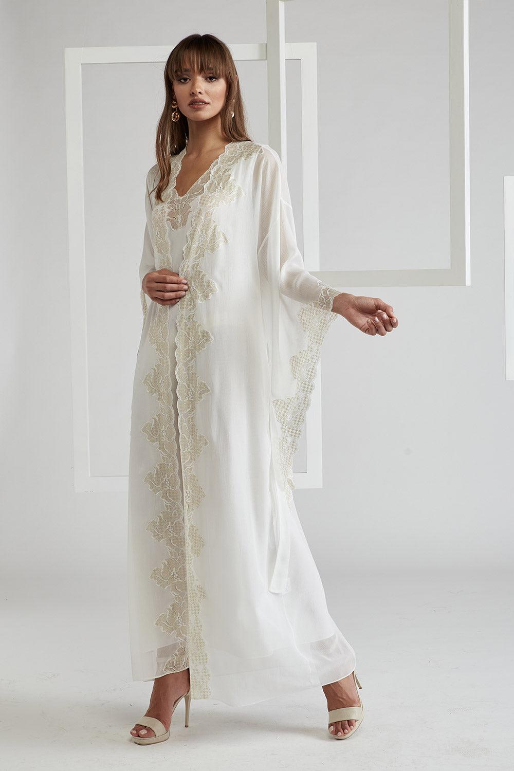 Silk Chiffon Robe Set Off White - Lucia (Gold) - Bocan