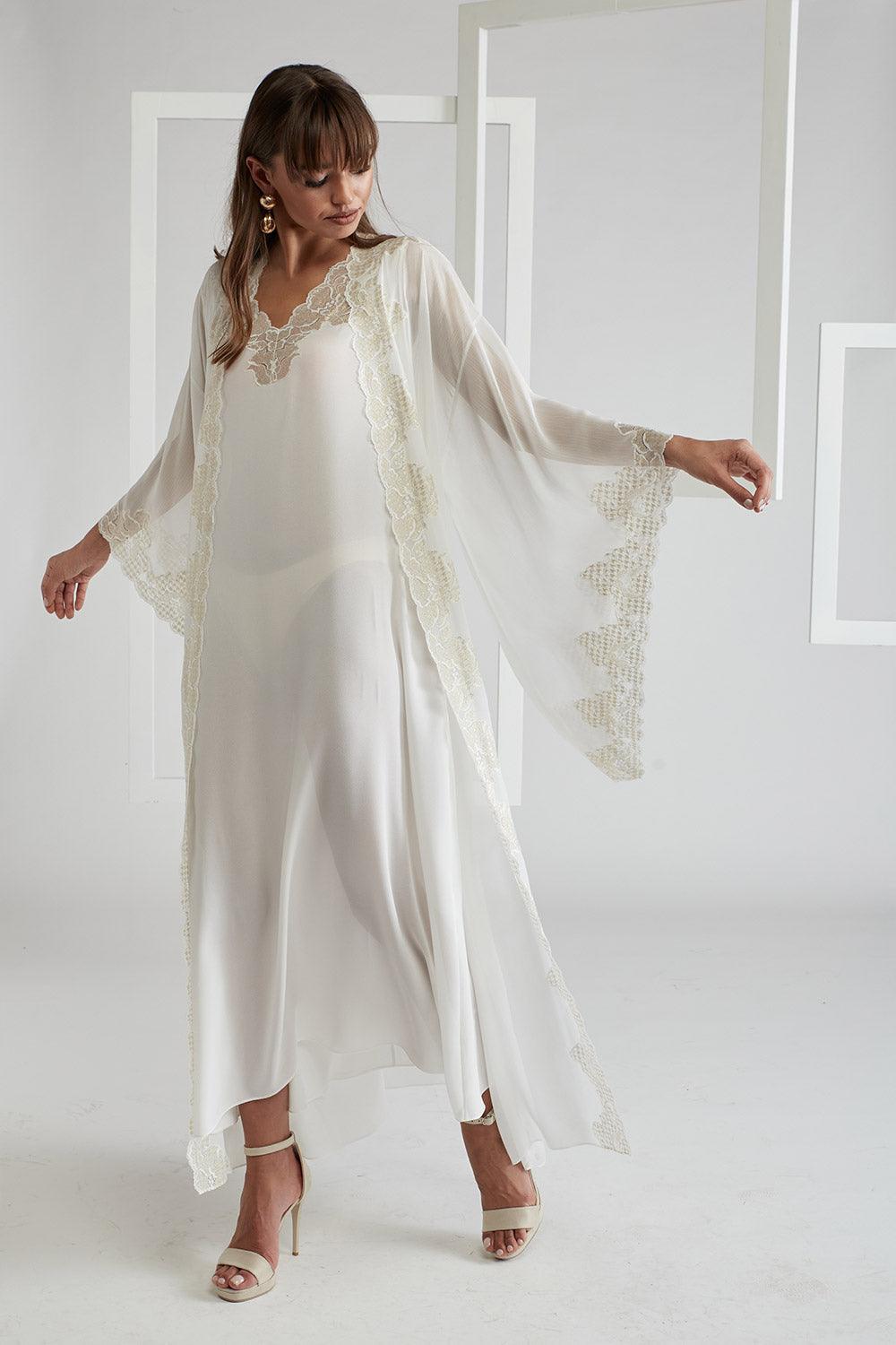 Silk Chiffon Robe Set Off White - Lucia (Gold) - Bocan