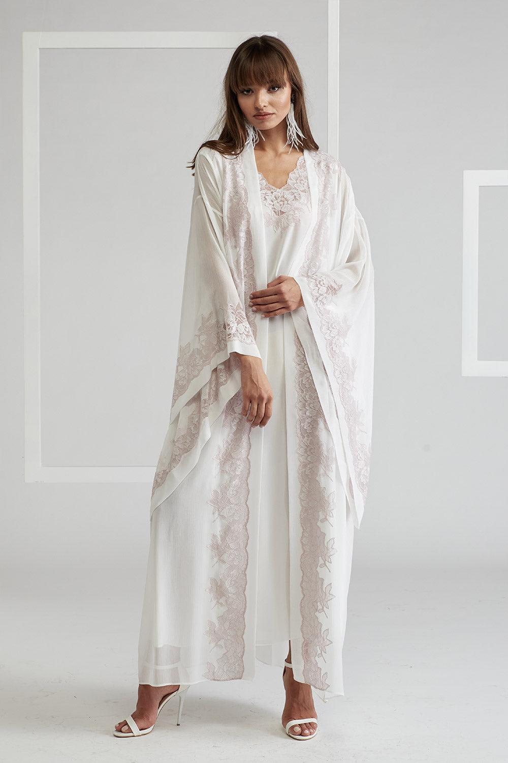 Silk Chiffon Robe Set Off White Powder - Sofia - Bocan