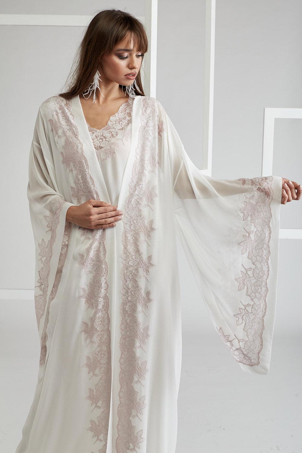 Silk Chiffon Robe Set Off White Powder - Sofia - Bocan