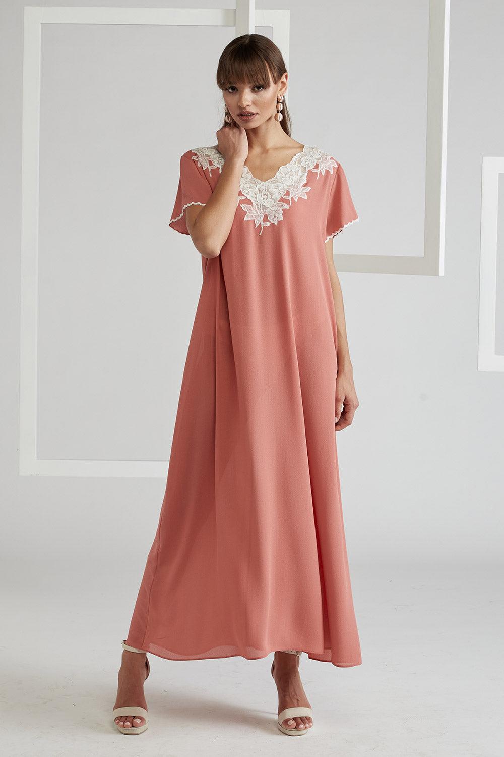 Silk Crepe Dress Coral Half Sleeve - Miel in Coral - Bocan