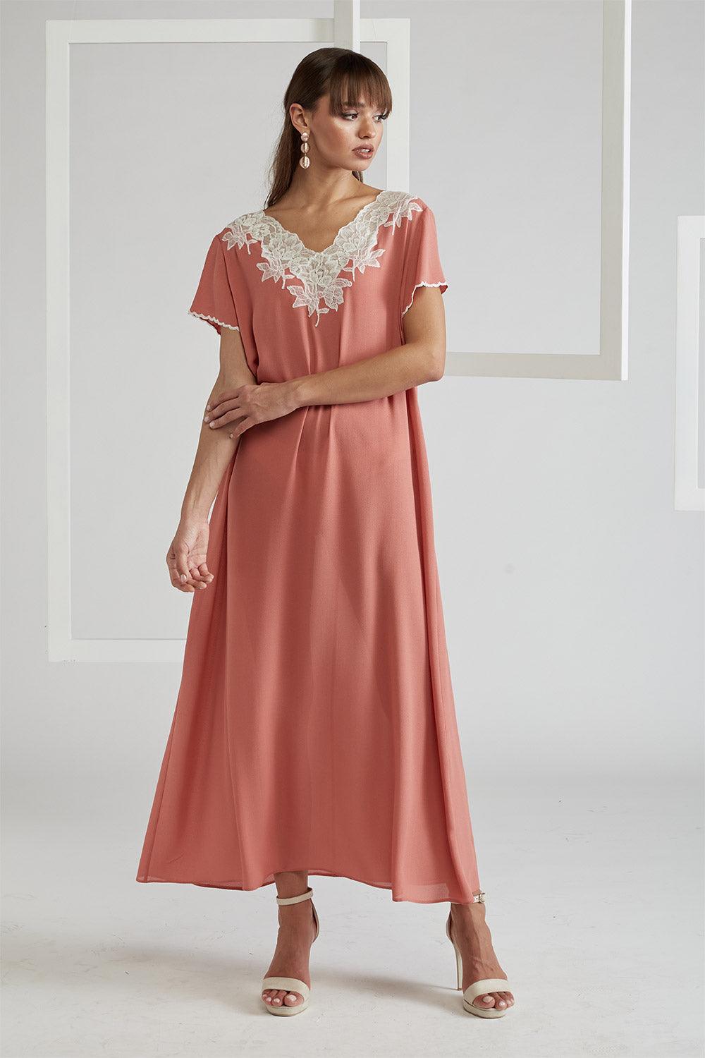 Silk Crepe Dress Coral Half Sleeve - Miel in Coral - Bocan