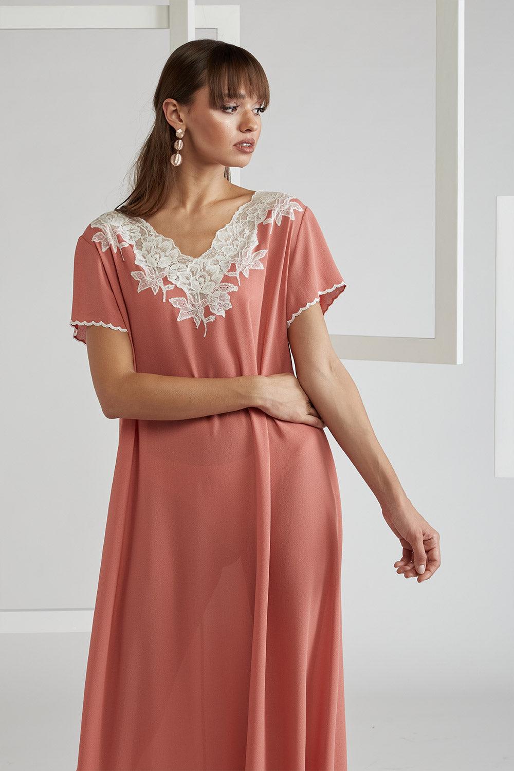Silk Crepe Dress Coral Half Sleeve - Miel in Coral - Bocan
