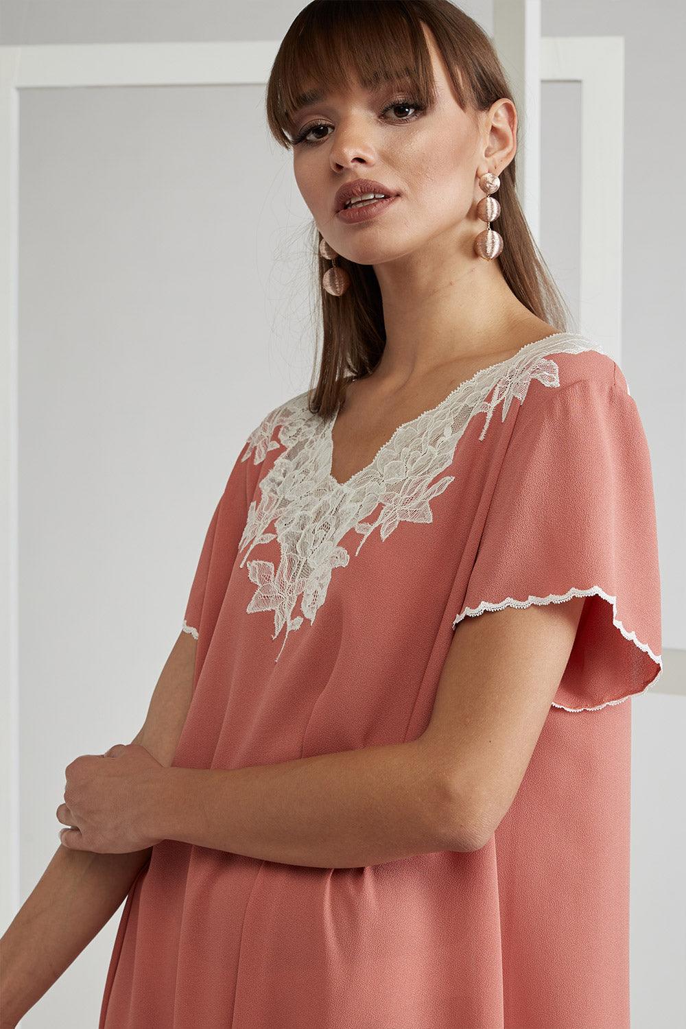 Silk Crepe Dress Coral Half Sleeve - Miel in Coral - Bocan