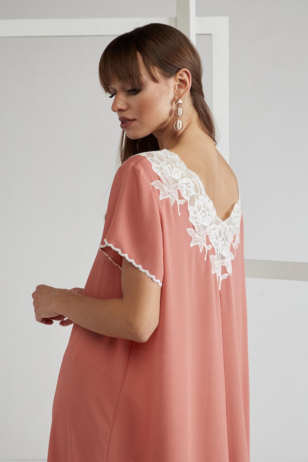 Silk Crepe Dress Coral Half Sleeve - Miel in Coral - Bocan