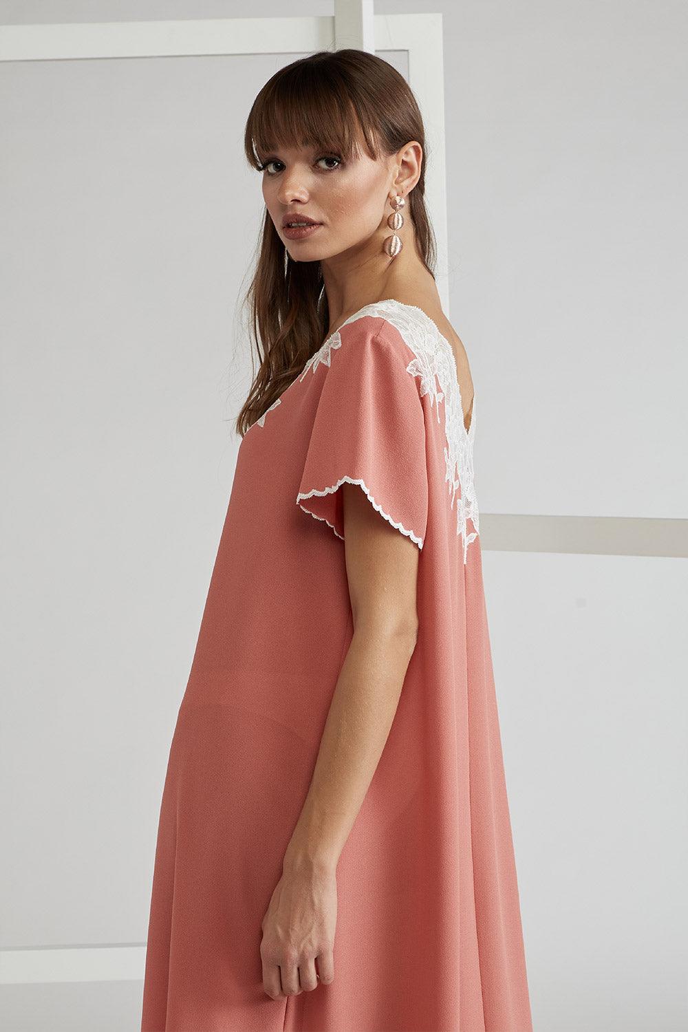 Silk Crepe Dress Coral Half Sleeve - Miel in Coral - Bocan