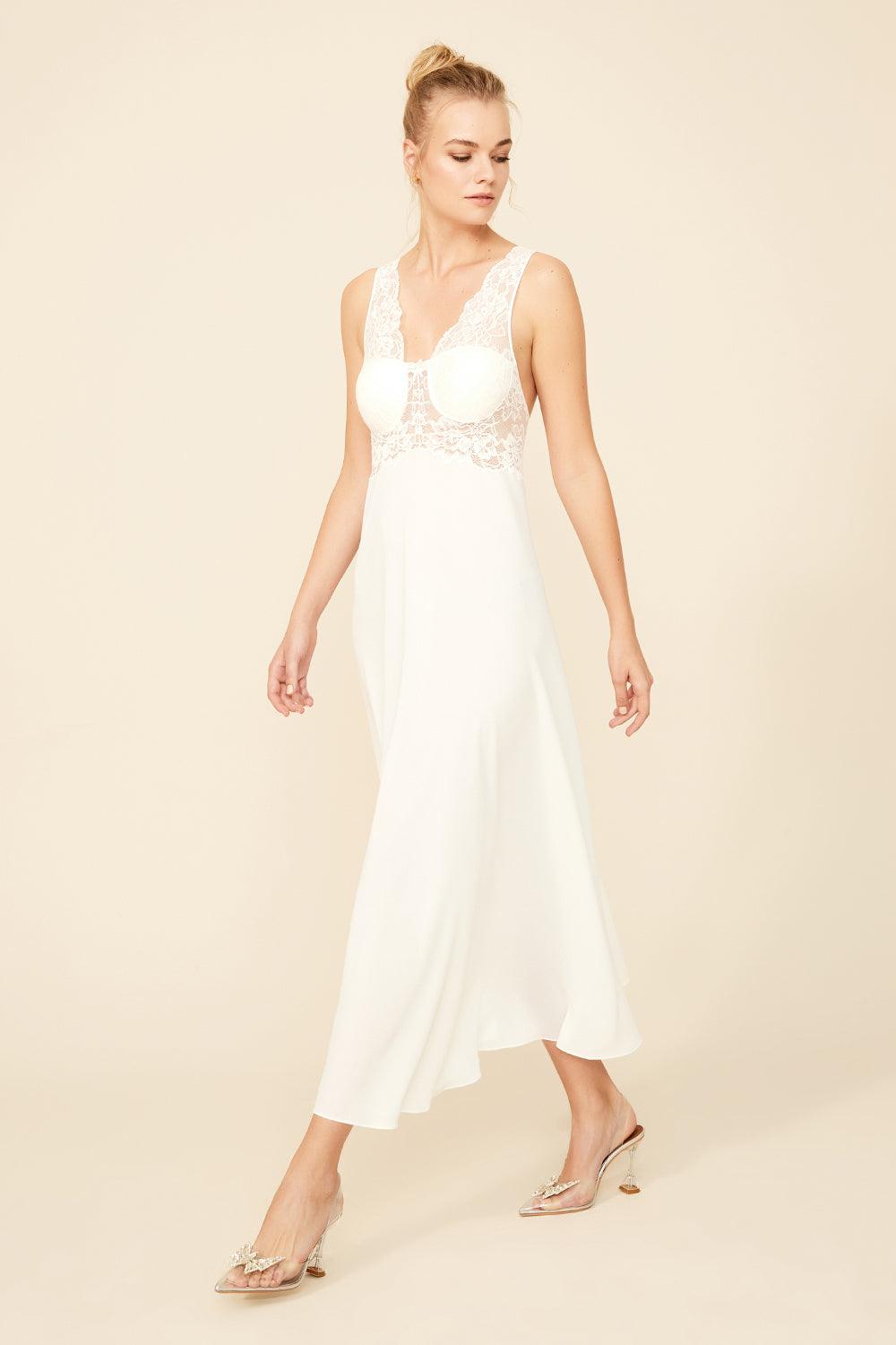 Skye - Long Silk Crepe Nightgown - Off White - Bocan