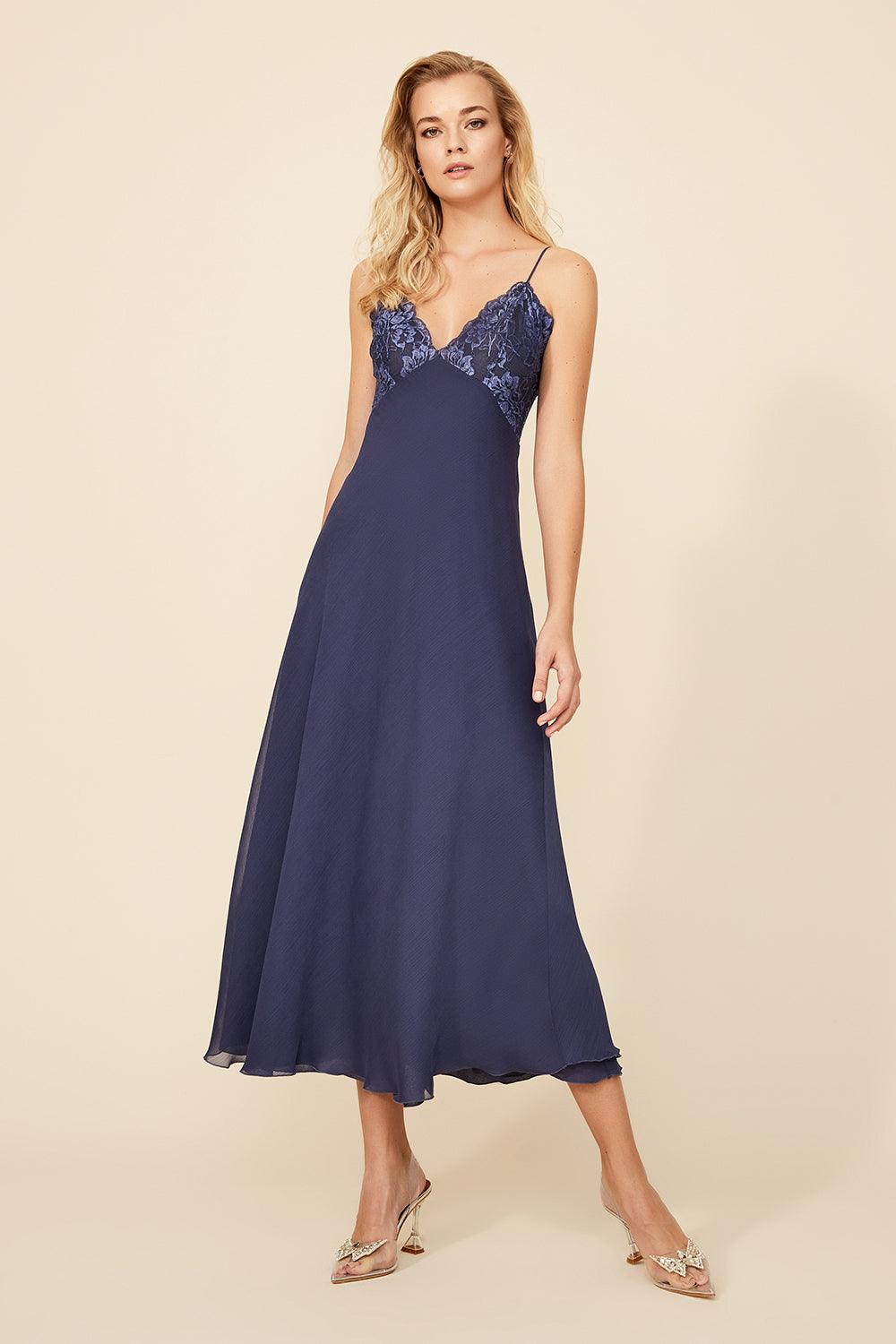 Sonya - Long Silk Crepe Nightie - Indigo - Bocan