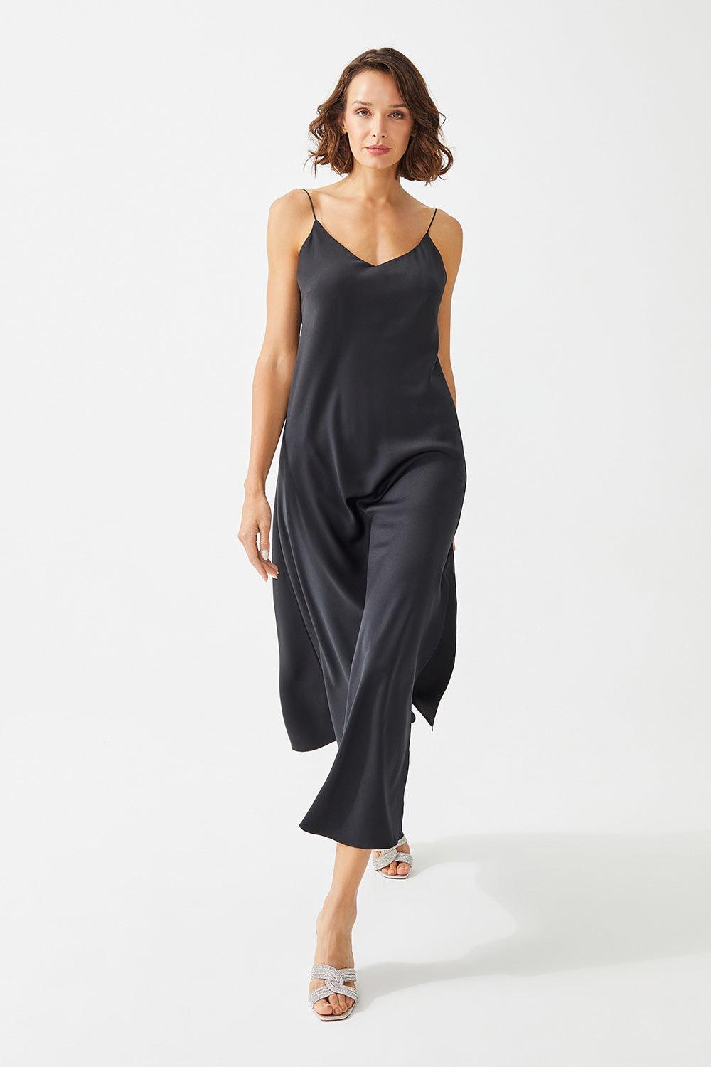 Sully Long Rayon Trimmed Slip Dress - Black - Bocan