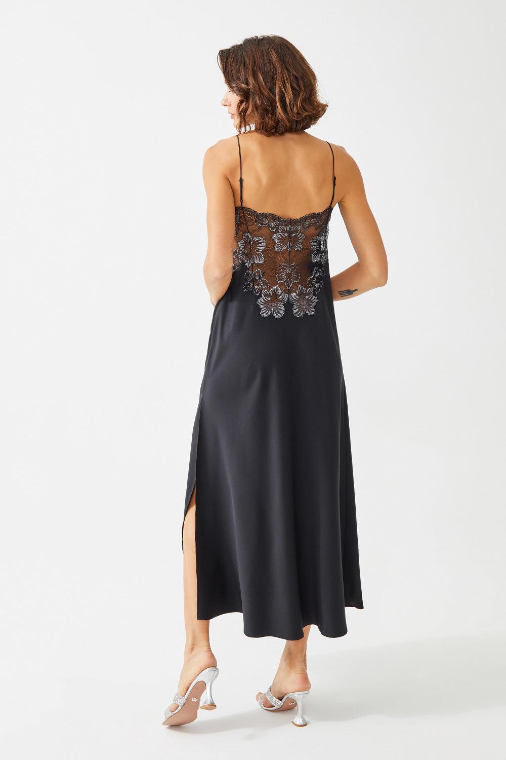 Sully Long Rayon Trimmed Slip Dress - Black - Bocan