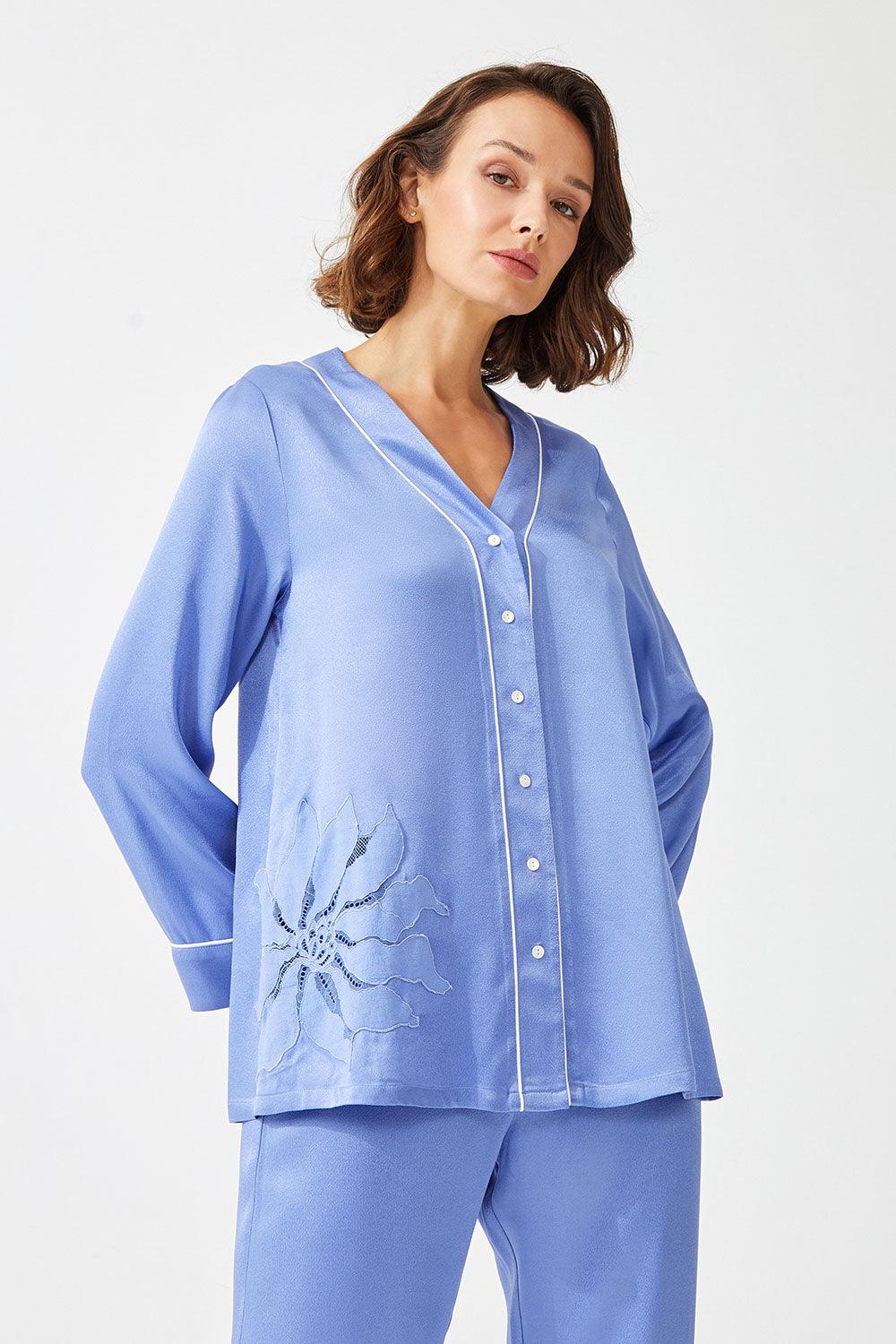 Sumire - Trimmed Rayon and Buttoned Long Sleeve Pyjama Set - Lilac - Bocan