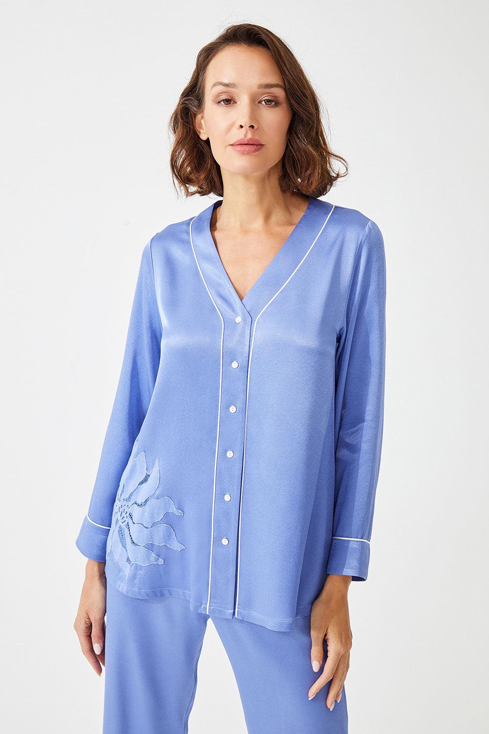 Sumire - Trimmed Rayon and Buttoned Long Sleeve Pyjama Set - Lilac - Bocan