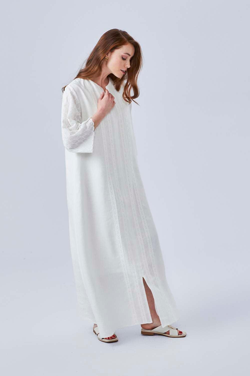 Thalia - Linen Long Zippered Dress - Off White - Bocan