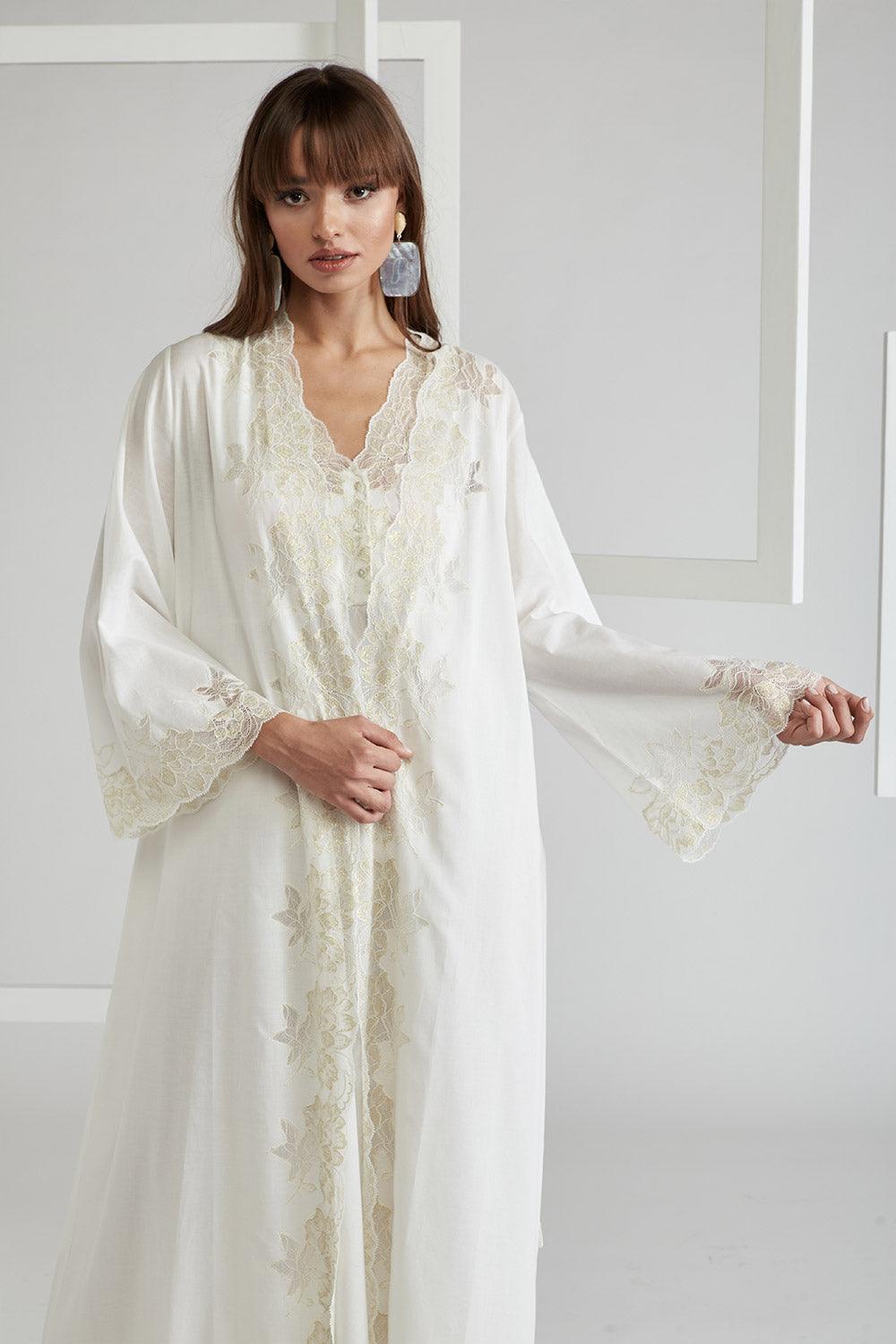 Trimmed Cotton Vual Robe Set - Big Rose ( Gold) Off White - Bocan