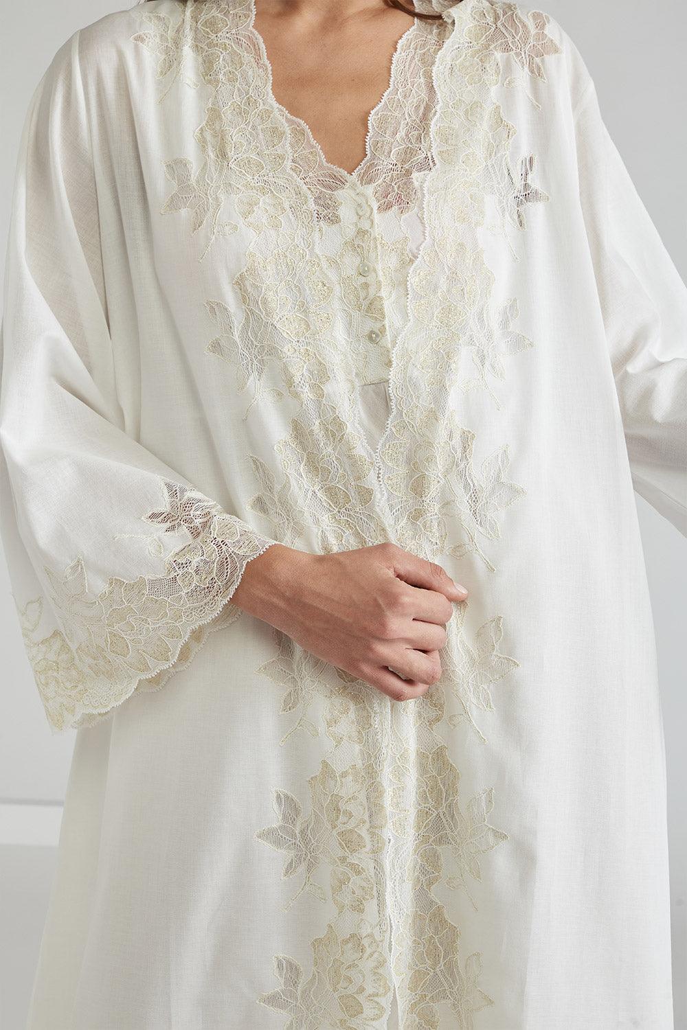 Trimmed Cotton Vual Robe Set - Big Rose ( Gold) Off White - Bocan