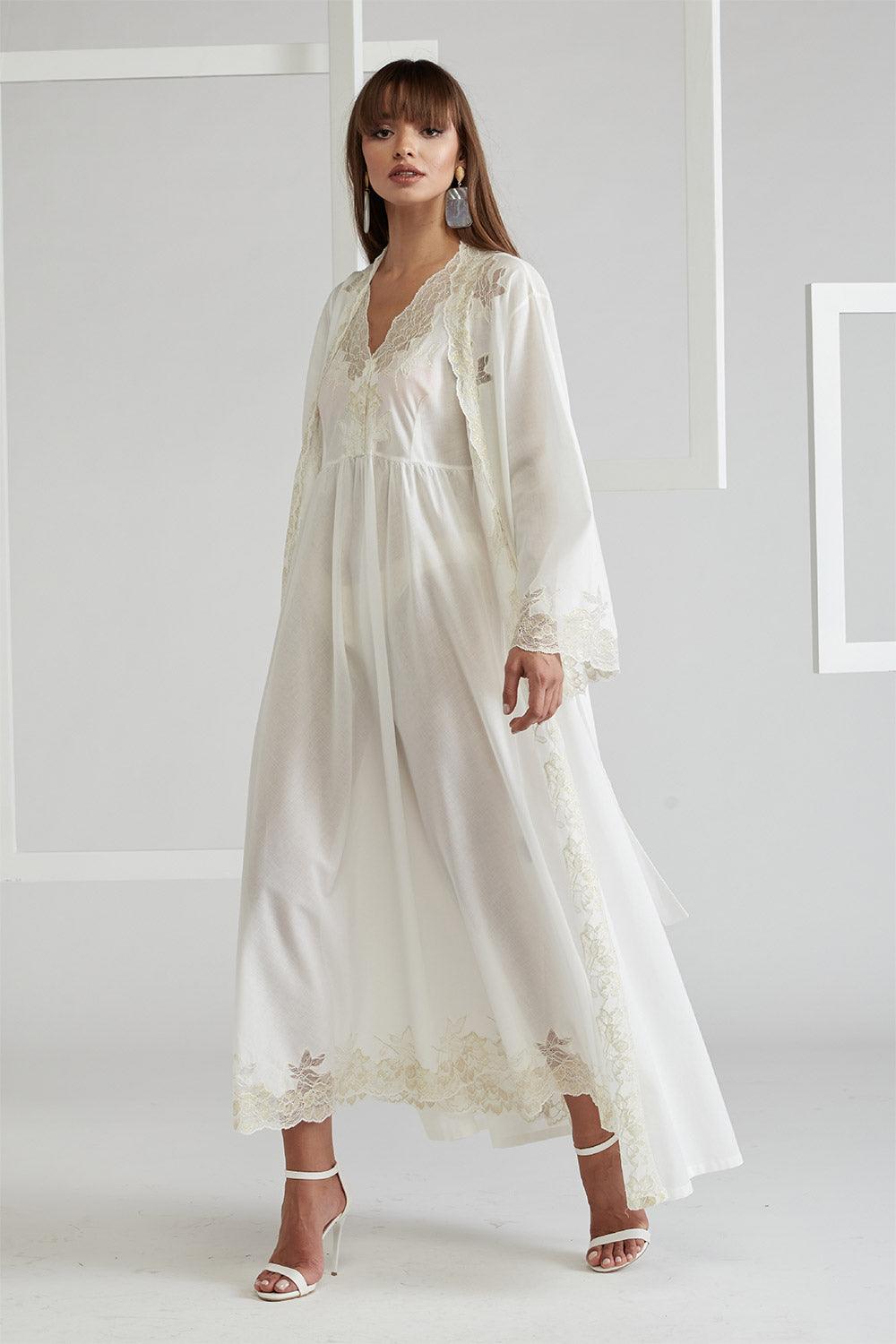 Trimmed Cotton Vual Robe Set - Big Rose ( Gold) Off White - Bocan