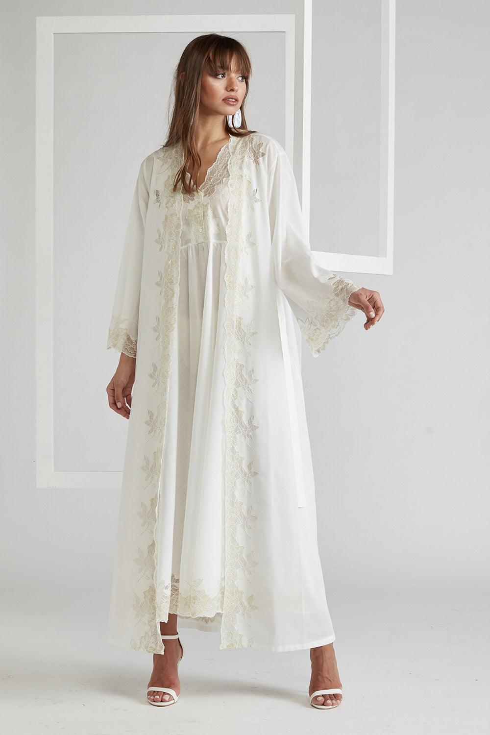 Trimmed Cotton Vual Robe Set - Big Rose ( Gold) Off White - Bocan