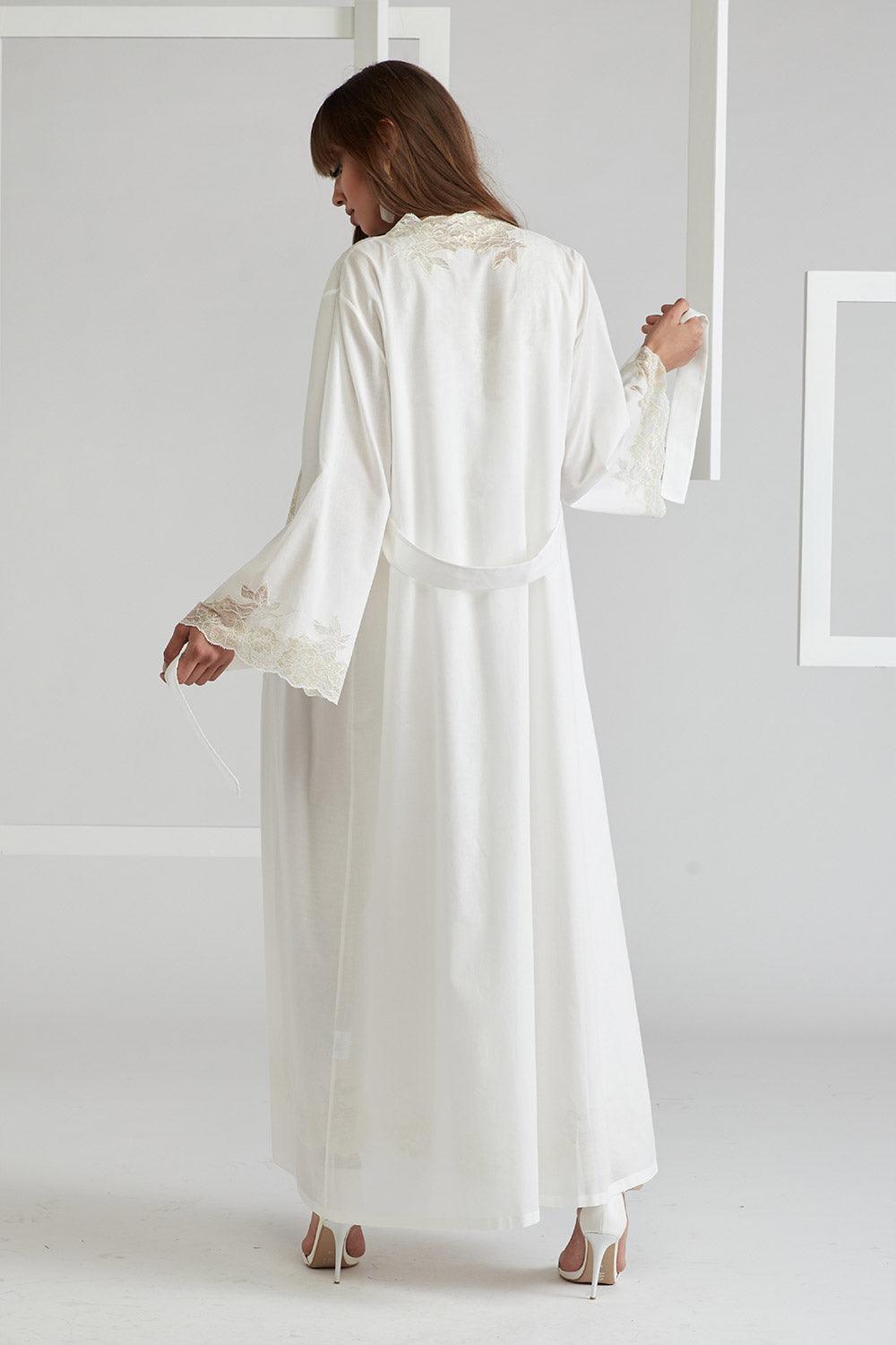 Trimmed Cotton Vual Robe Set - Big Rose ( Gold) Off White - Bocan