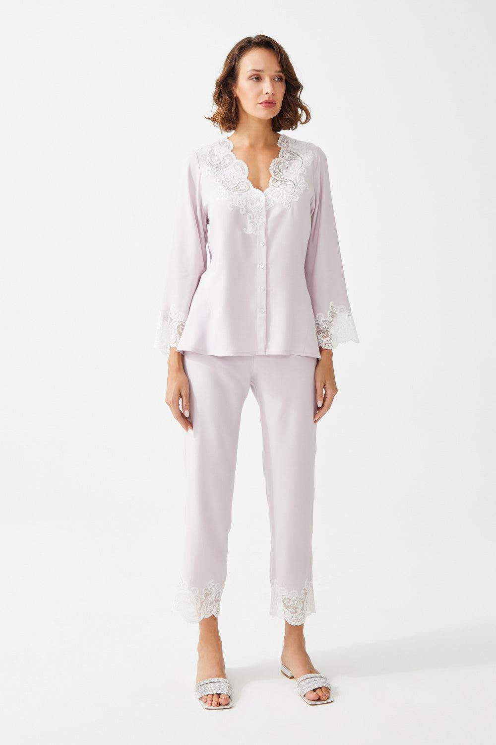 Ume Trimmed Rayon Full Buttoned Long Sleeve Pyjama Set - Baby Pink - Bocan