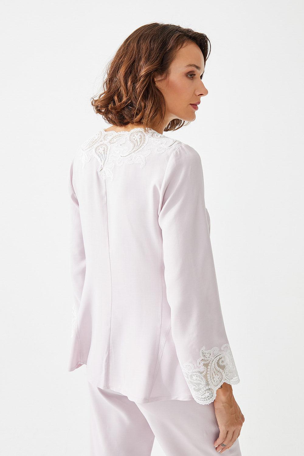 Ume Trimmed Rayon Full Buttoned Long Sleeve Pyjama Set - Baby Pink - Bocan