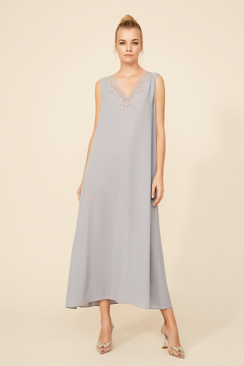 Valerie - Long Silk Buttoned Nightgown - Light Grey - Bocan