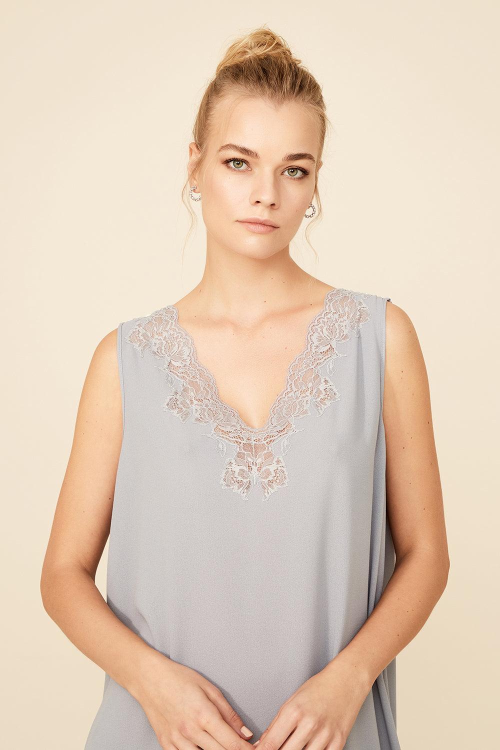 Valerie - Long Silk Buttoned Nightgown - Light Grey - Bocan