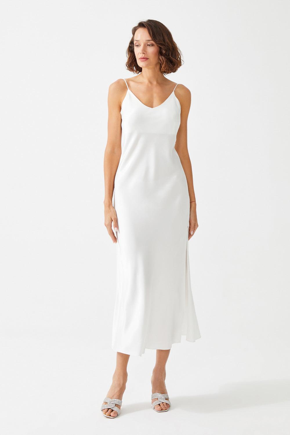 Vin Long Rayon Trimmed Slip Dress - Off White - Bocan