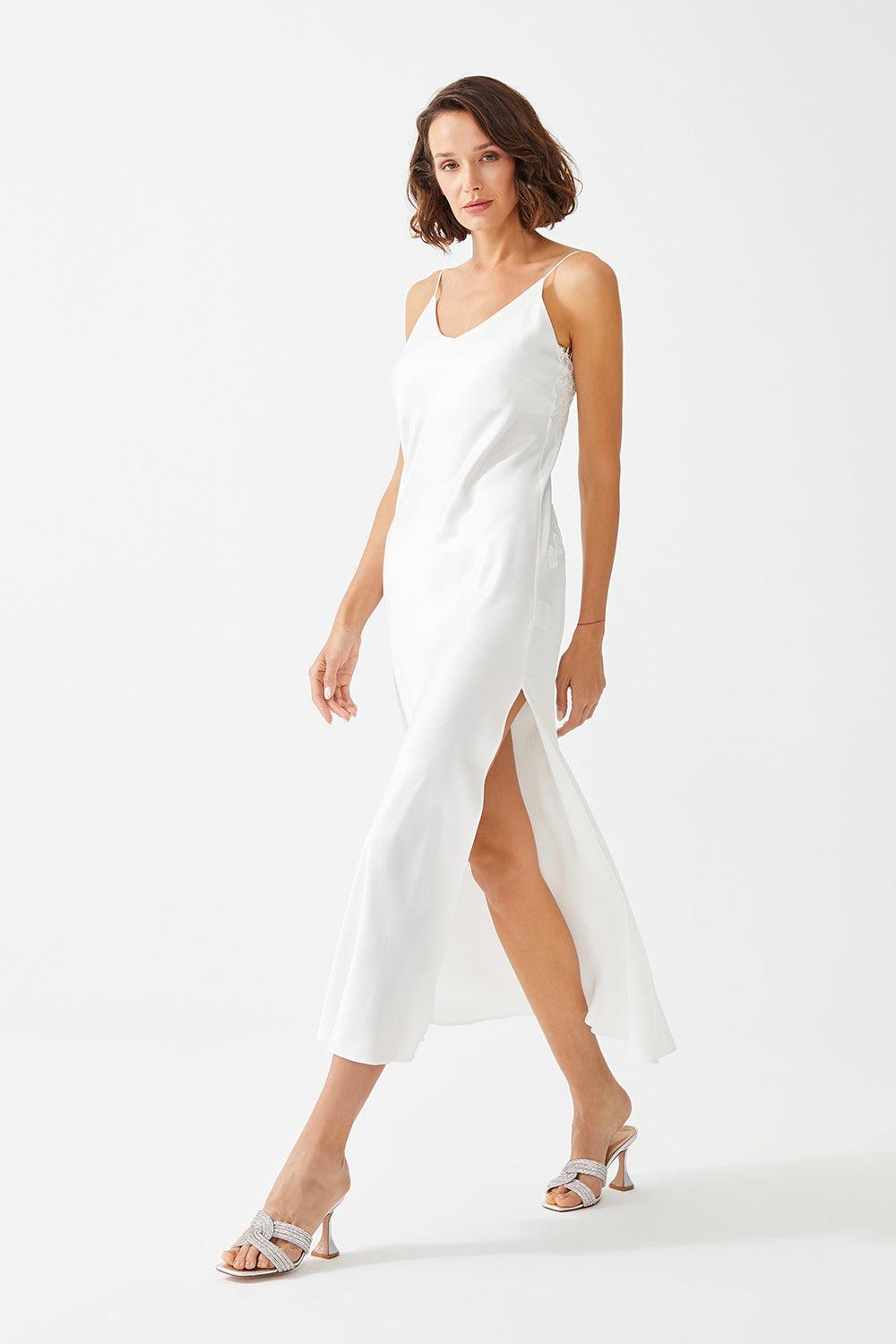 Vin Long Rayon Trimmed Slip Dress - Off White - Bocan