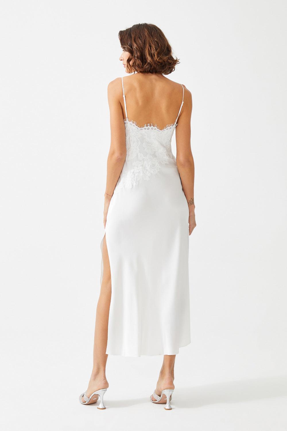 Vin Long Rayon Trimmed Slip Dress - Off White - Bocan