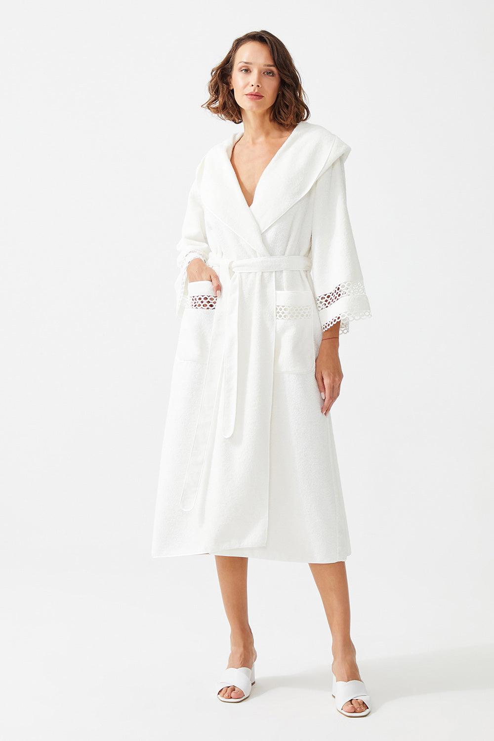 Wadha Mid Length Cotton Trimmed Bathrobe - Off White - Bocan