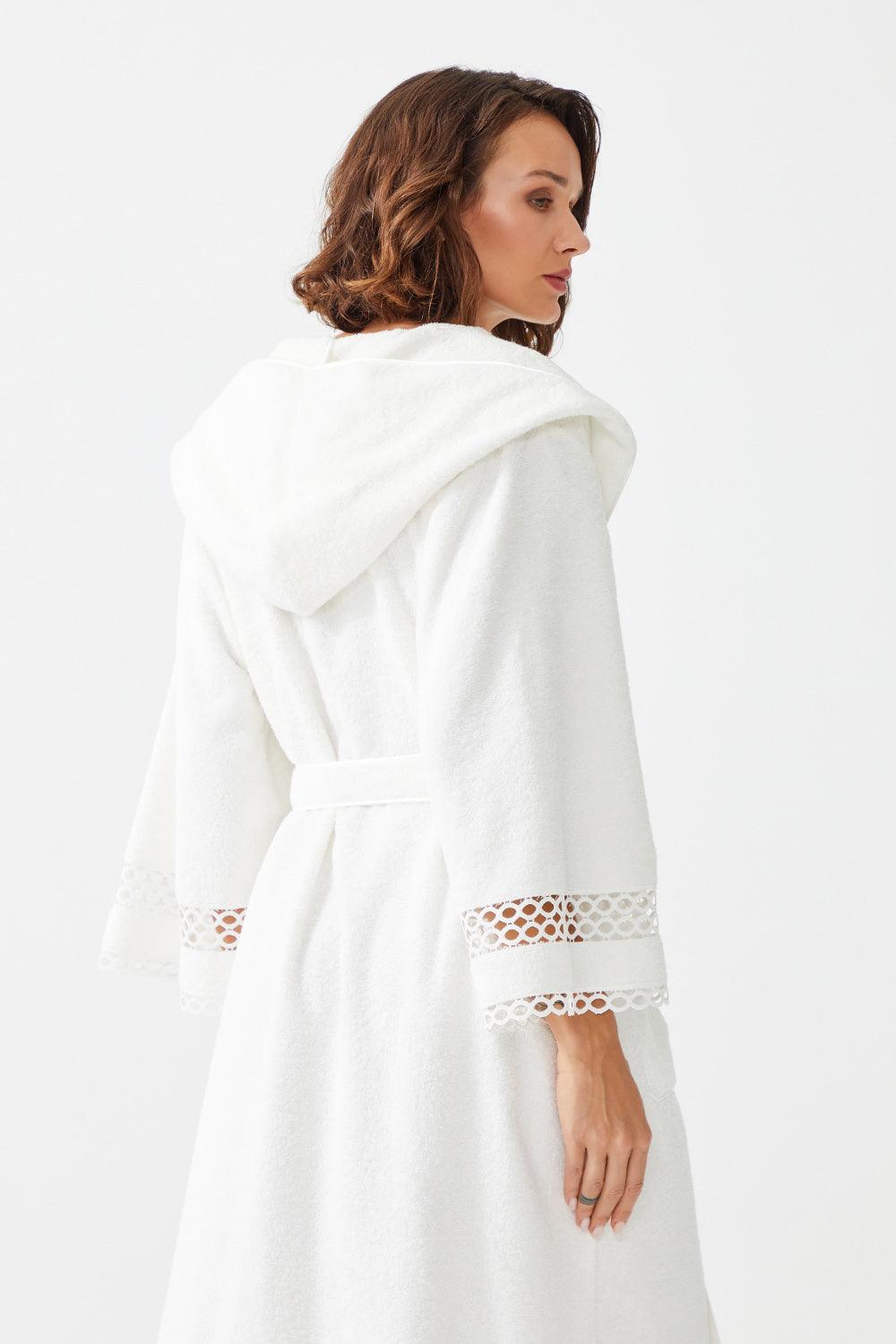 Wadha Mid Length Cotton Trimmed Bathrobe - Off White - Bocan