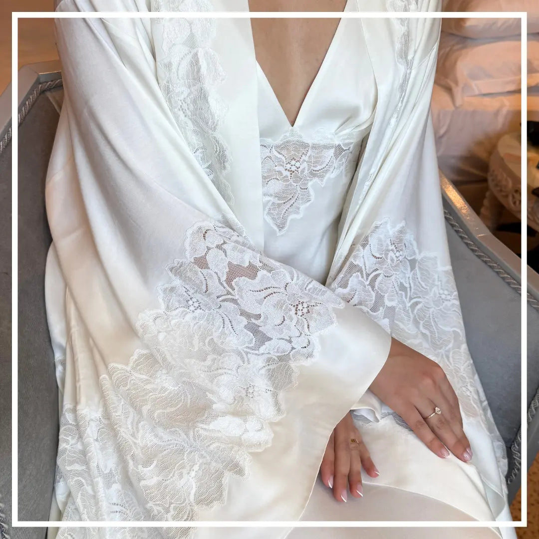 Elegant white bridal robe with lace details from Bocan Couture Bridal Edit collection