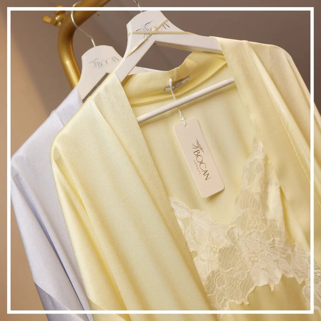Elegant luxury nightwear and loungewear collection from Bocan Couture showcased in a soft, feminine setting